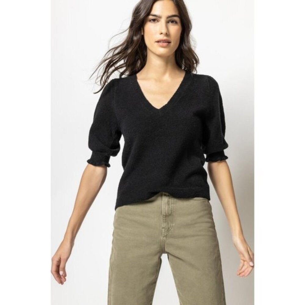 Lilla P Elbow Sleeve V-Neck Black Sweater